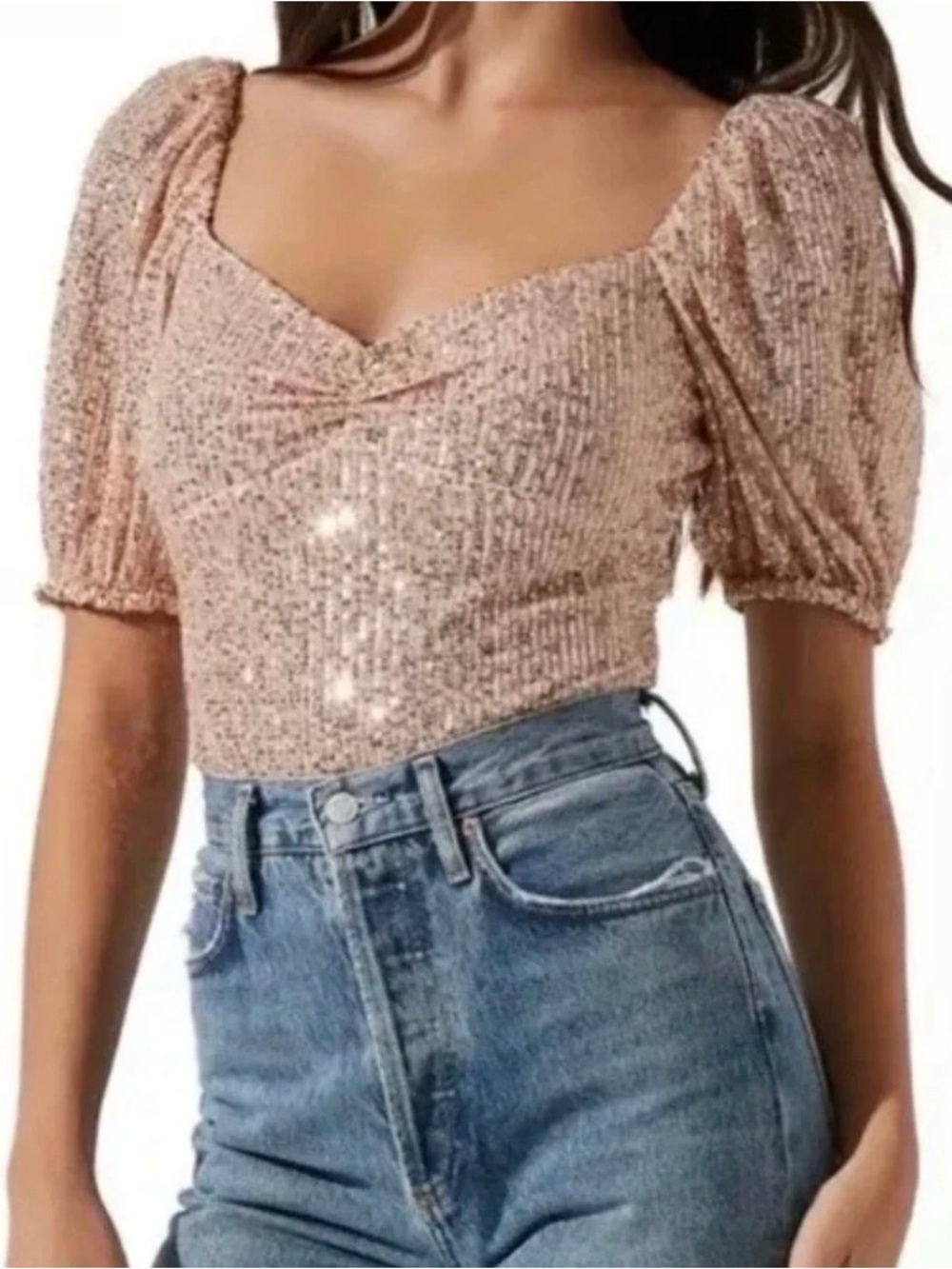 Astr Rose Gold Sequin Puff Sleeve Bodysuit